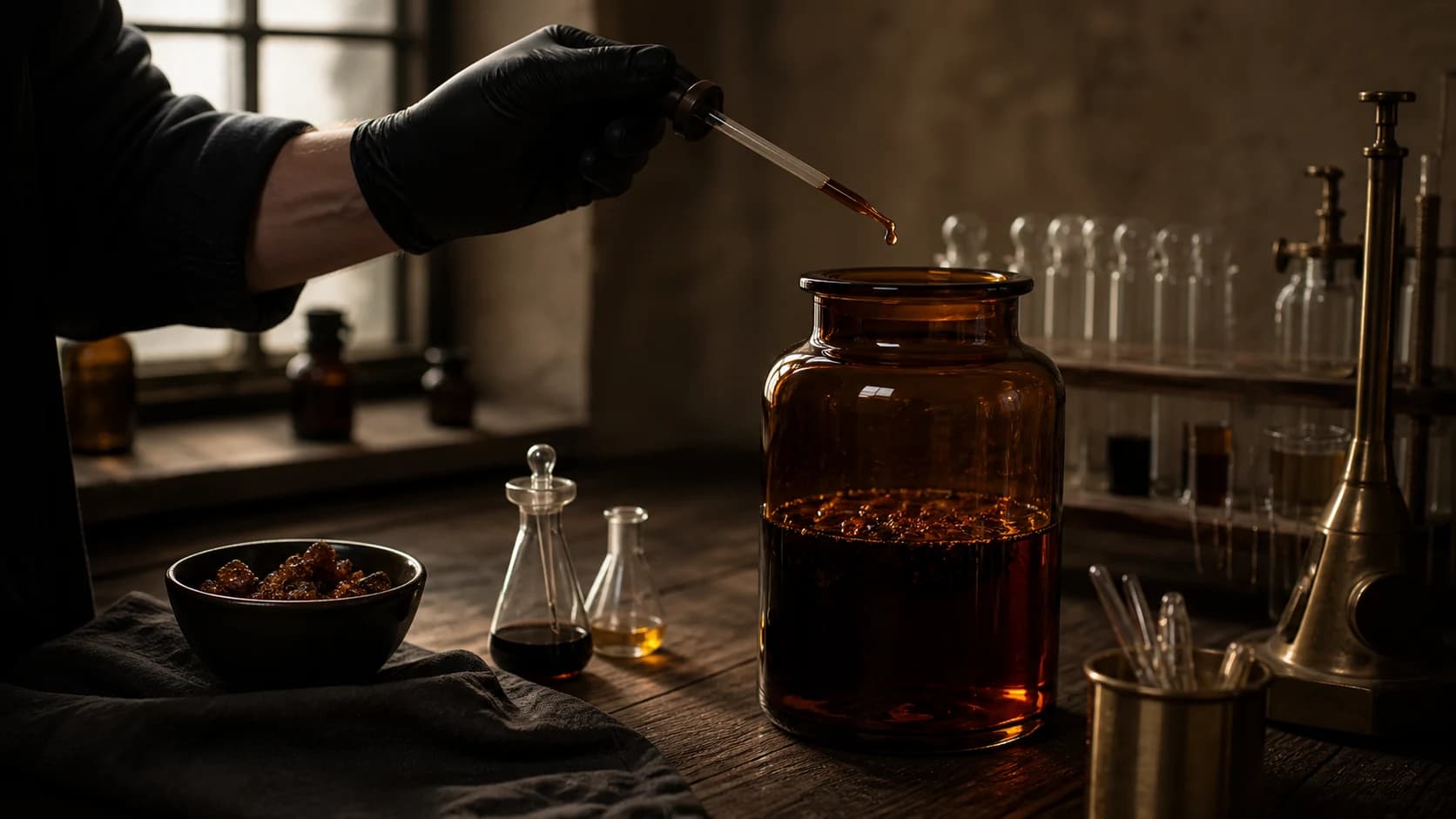 A perfumer in black gloves adding amber resin to a maceration vessel