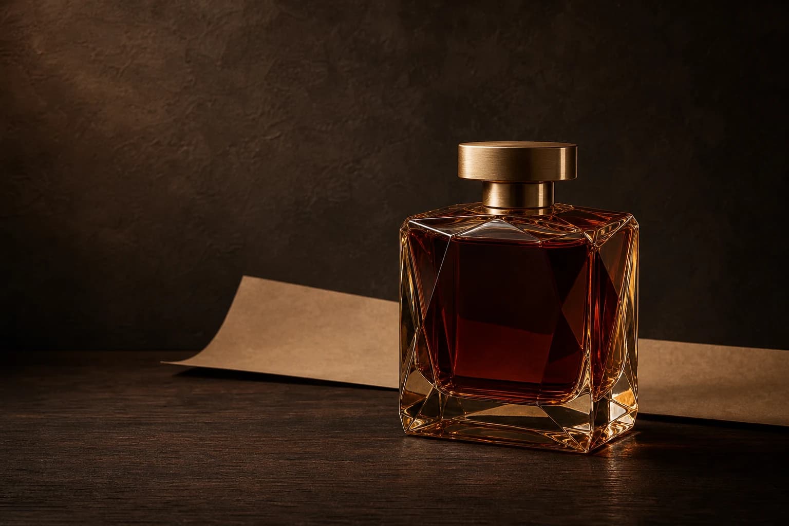 Faceted amber glass bottle of Cendre extrait de parfum on dark walnut