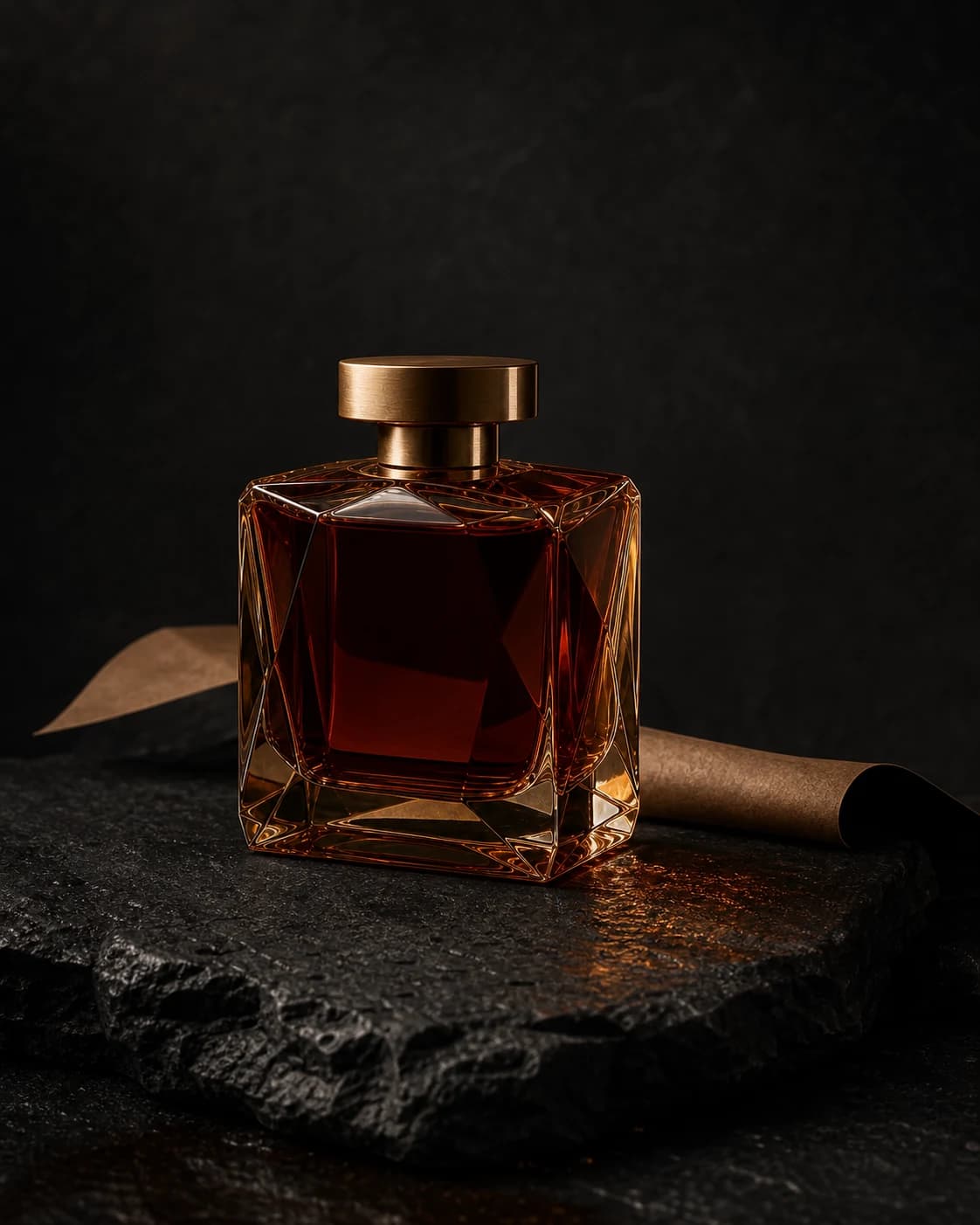 Cendre's faceted amber bottle presented on charcoal stone