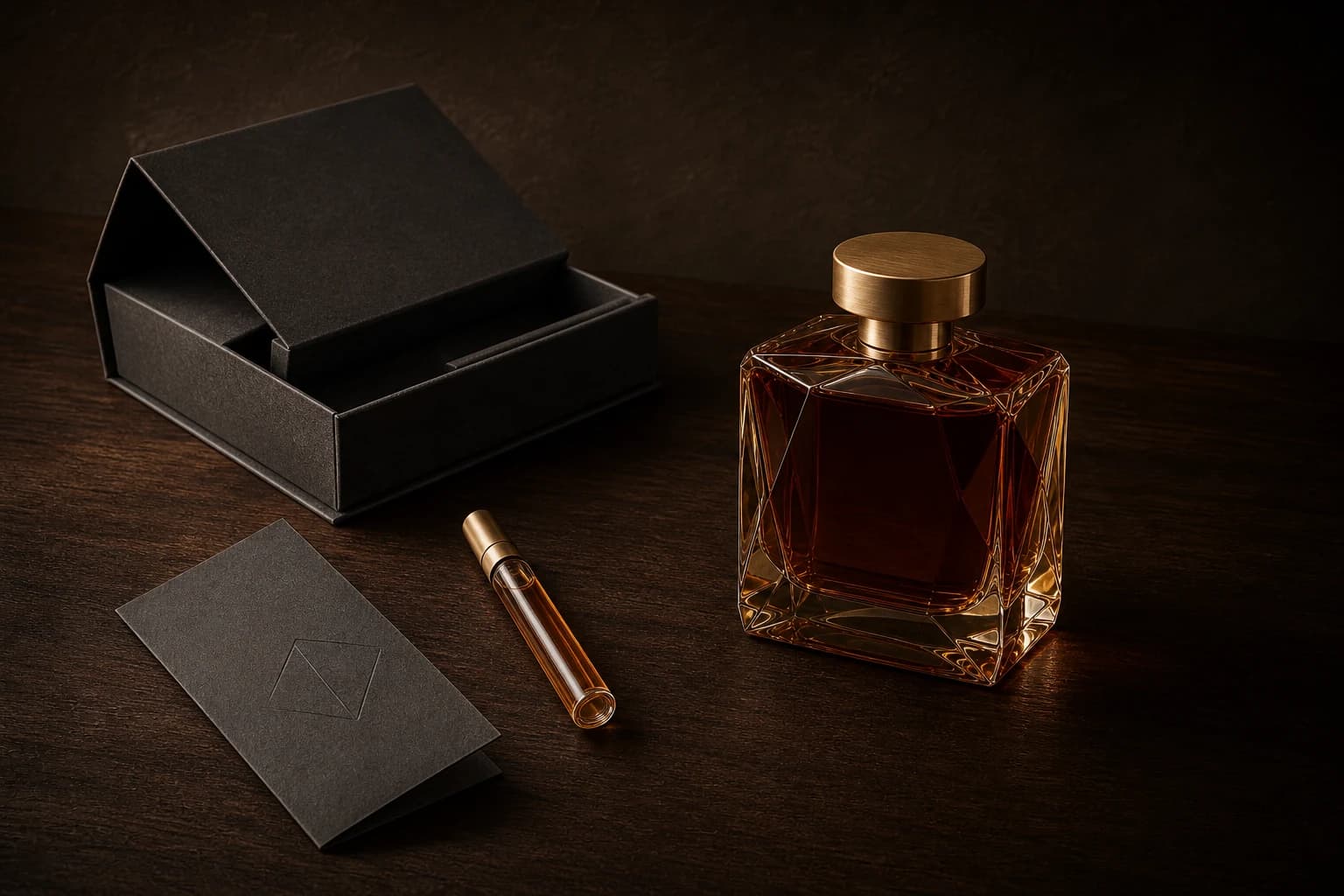 A Cendre bottle, companion vial, formula card, and presentation box arranged on walnut
